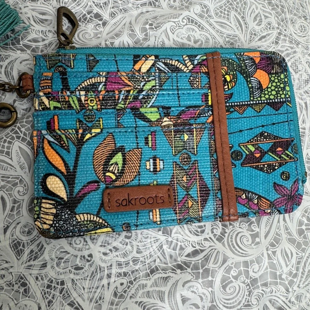 Sakroots Artist Circle ID Lanyard Wallet Teal Floral Owl Charm Tassel Boho